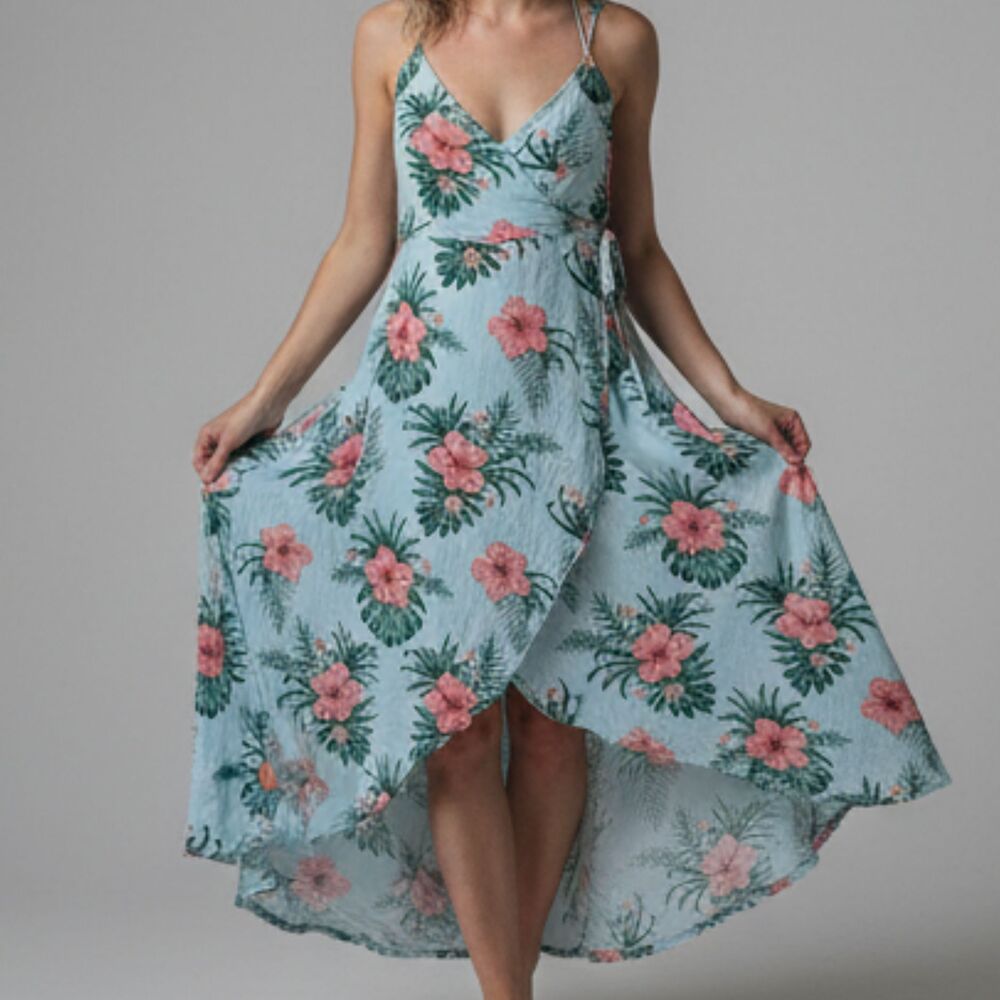 Guess Hawaiian Print Floral Maxi Dress Green/Pink Racerback Casual Beach Dress